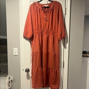 Lucky Brand Rust Tiered Midi Dress with Tie Neck woman’s XL